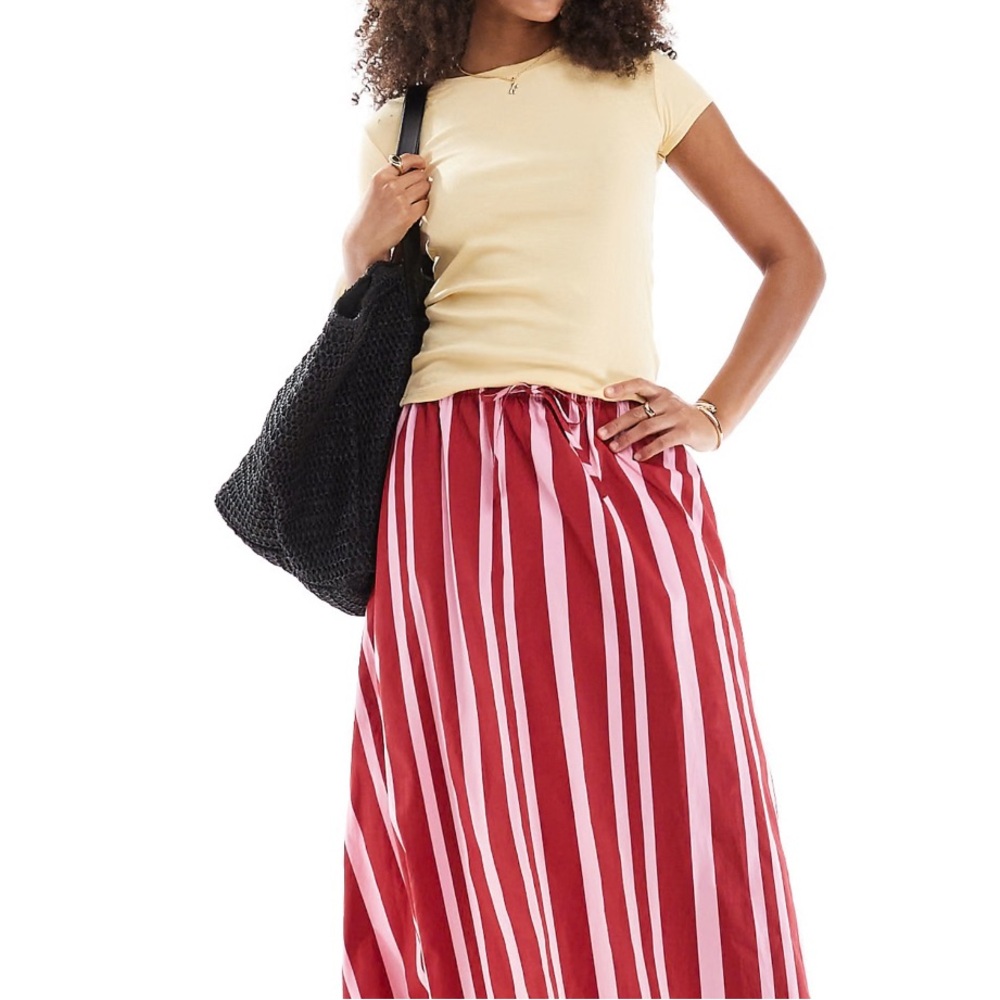 Le Lis Red and White Striped Midi Skirt With Removable Belt Size M